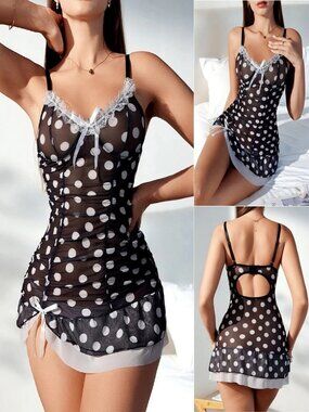 Women's Sexy Lingerie Polka Dots Lace Sheer Dress Sleepwear Babydoll Teddy Dress